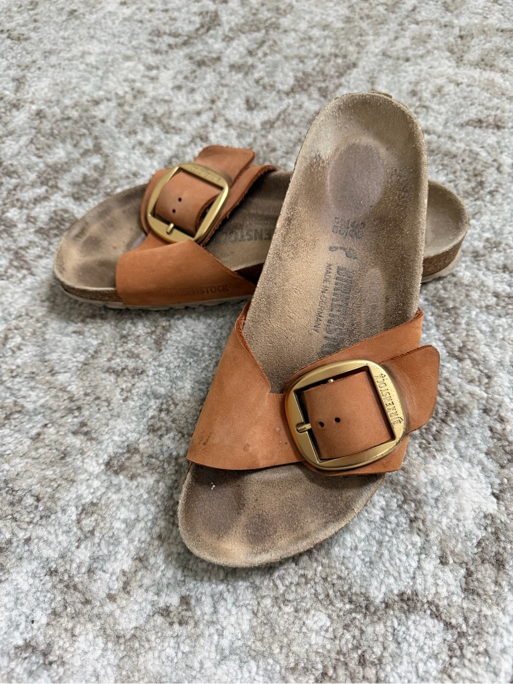 Birkenstock Tan Leather Slide Sandals with Gold Buckles